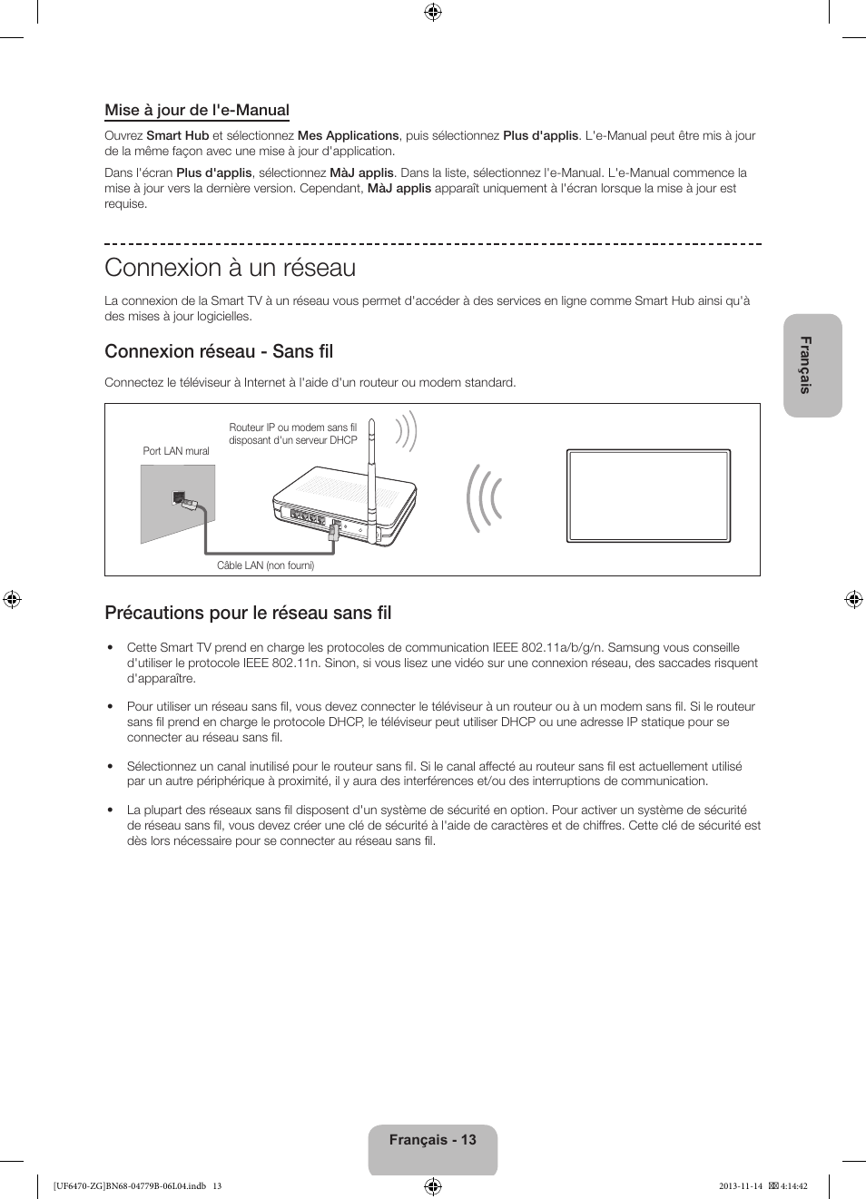Connexion à un réseau, Connexion réseau - sans fil, Précautions pour le réseau sans fil | Samsung UE50F6740SS User Manual | Page 61 / 97