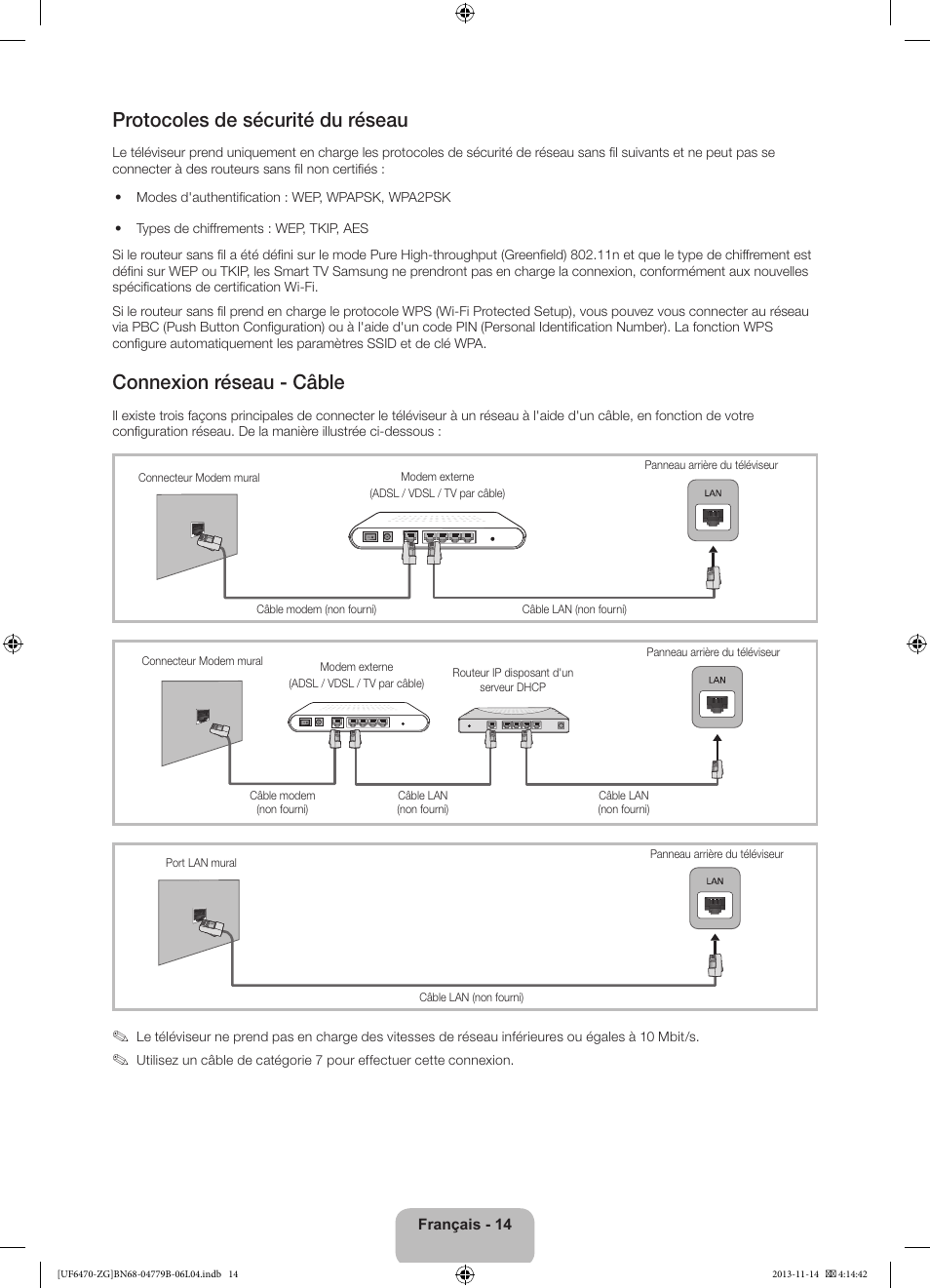 Protocoles de sécurité du réseau, Connexion réseau - câble | Samsung UE50F6740SS User Manual | Page 62 / 97