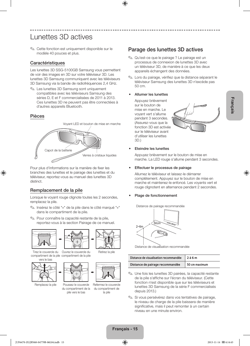 Lunettes 3d actives, Parage des lunettes 3d actives | Samsung UE50F6740SS User Manual | Page 63 / 97