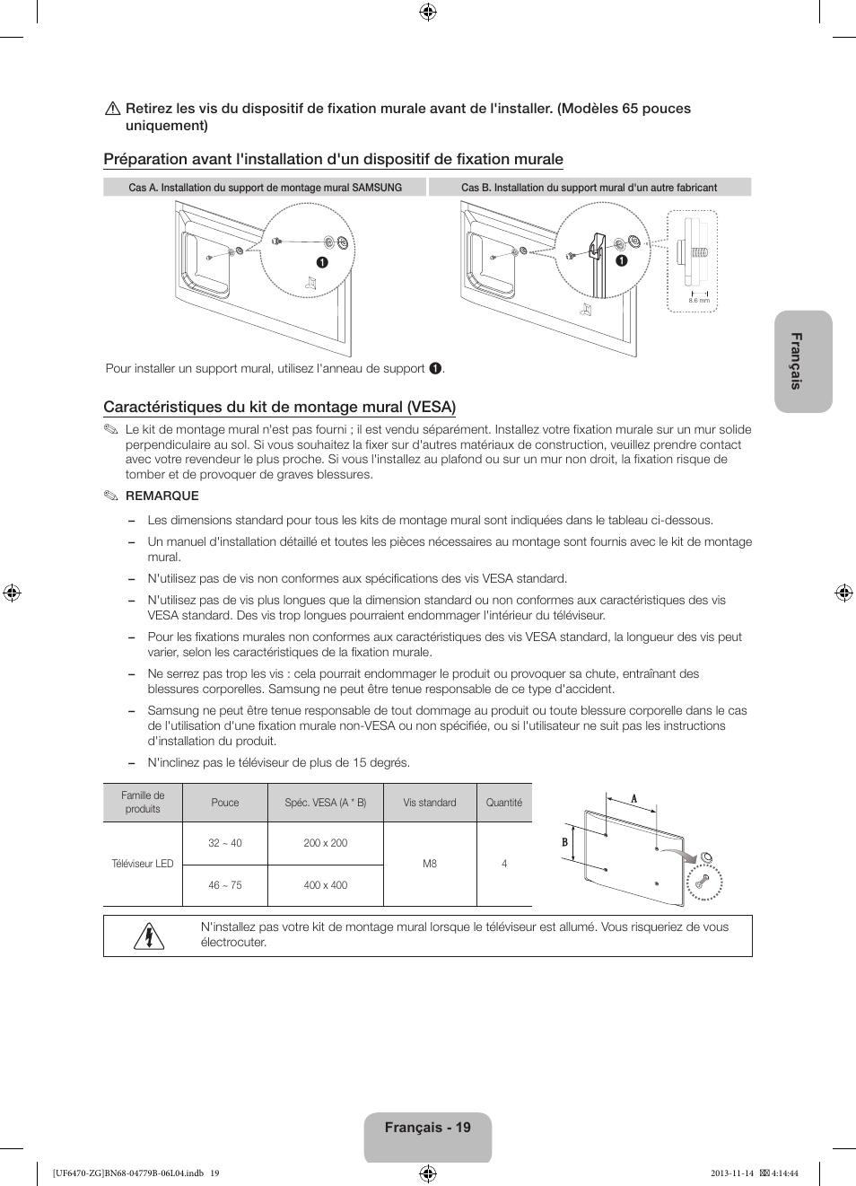 Caractéristiques du kit de montage mural (vesa) | Samsung UE50F6740SS User Manual | Page 67 / 97