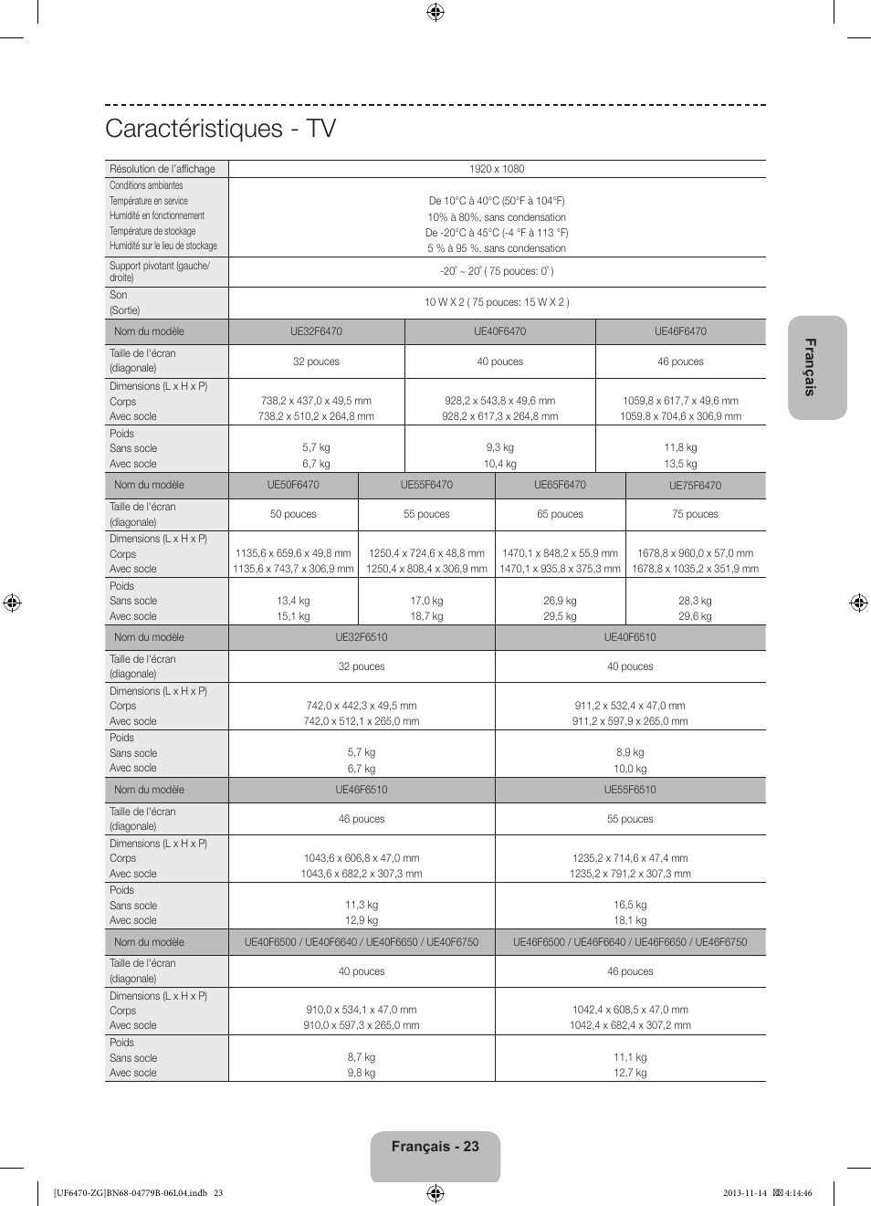 Caractéristiques - tv | Samsung UE50F6740SS User Manual | Page 71 / 97