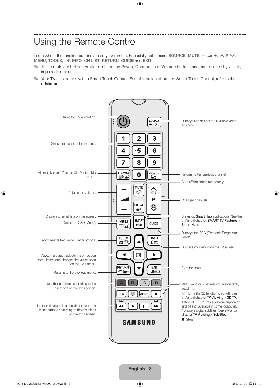 Using the remote control | Samsung UE50F6740SS User Manual | Page 8 / 97