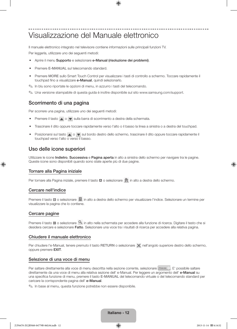 Visualizzazione del manuale elettronico, Scorrimento di una pagina, Uso delle icone superiori | Samsung UE50F6740SS User Manual | Page 84 / 97