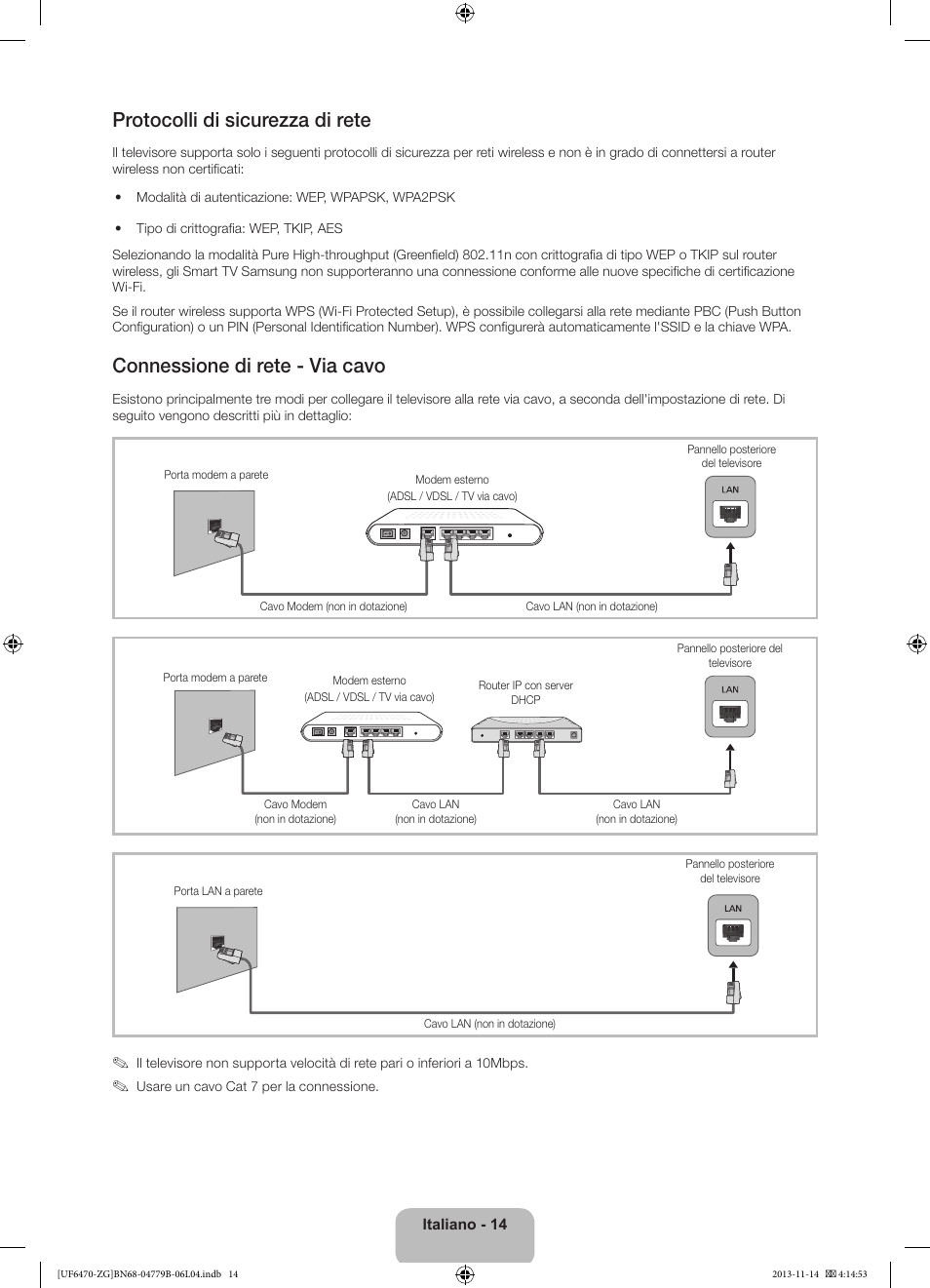 Protocolli di sicurezza di rete, Connessione di rete - via cavo | Samsung UE50F6740SS User Manual | Page 86 / 97