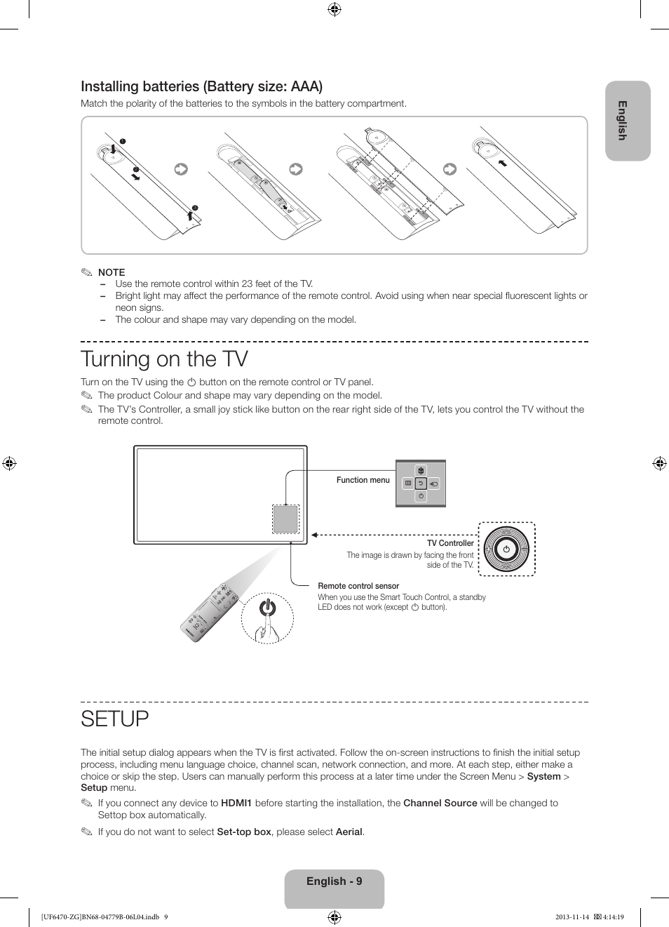 Turning on the tv, Setup, Installing batteries (battery size: aaa) | Samsung UE50F6740SS User Manual | Page 9 / 97
