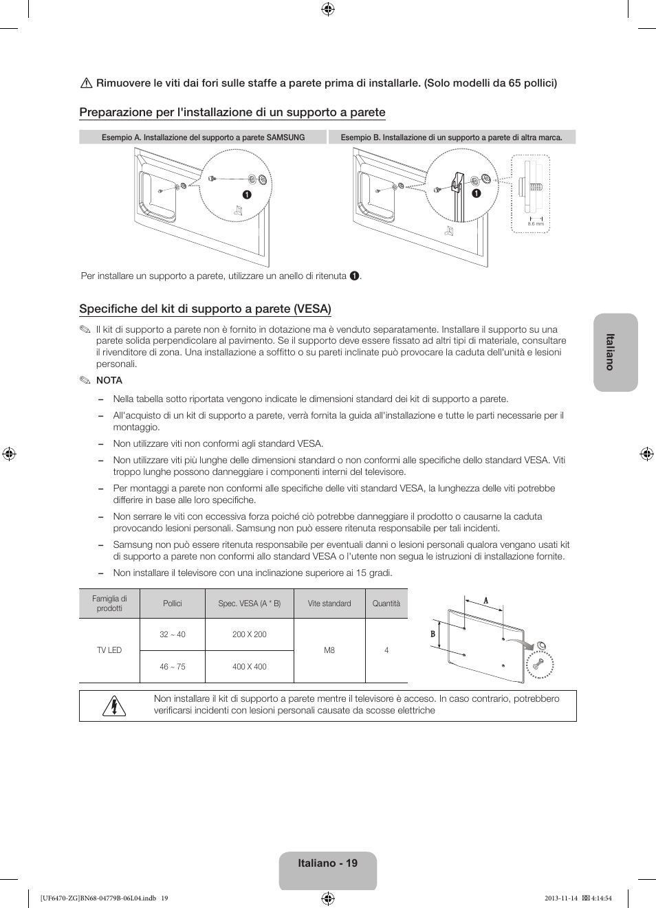 Specifiche del kit di supporto a parete (vesa) | Samsung UE50F6740SS User Manual | Page 91 / 97