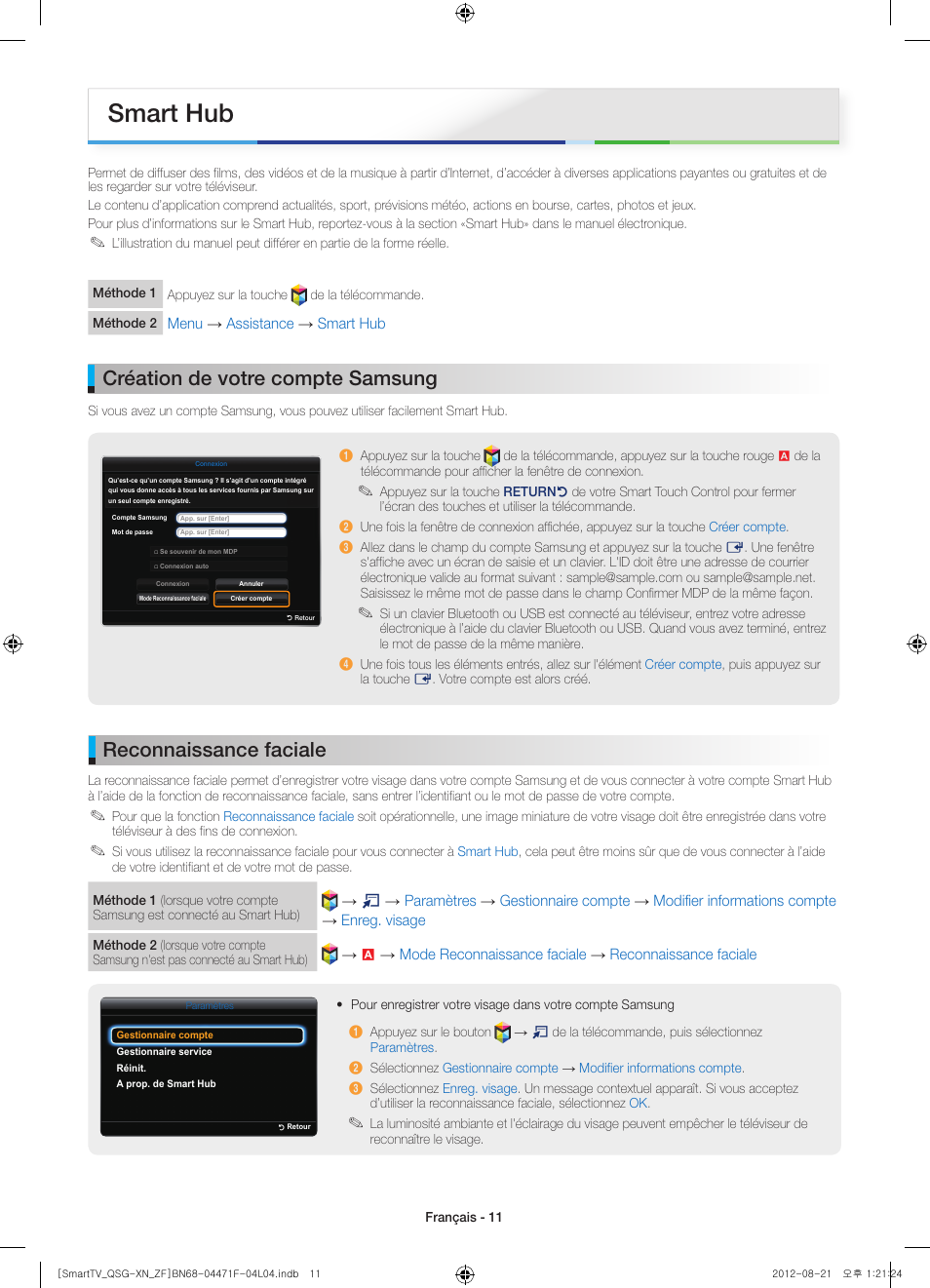 Smart hub, Création de votre compte samsung, Reconnaissance faciale | Samsung UE46ES7000S User Manual | Page 11 / 24