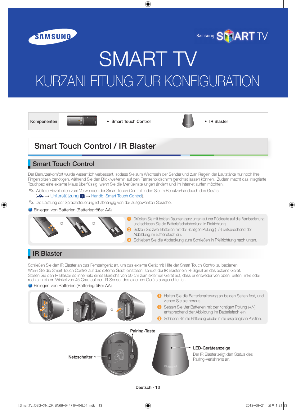 Smart tv, Kurzanleitung zur konfiguration, Smart touch control / ir blaster | Smart touch control, Ir blaster | Samsung UE46ES7000S User Manual | Page 13 / 24