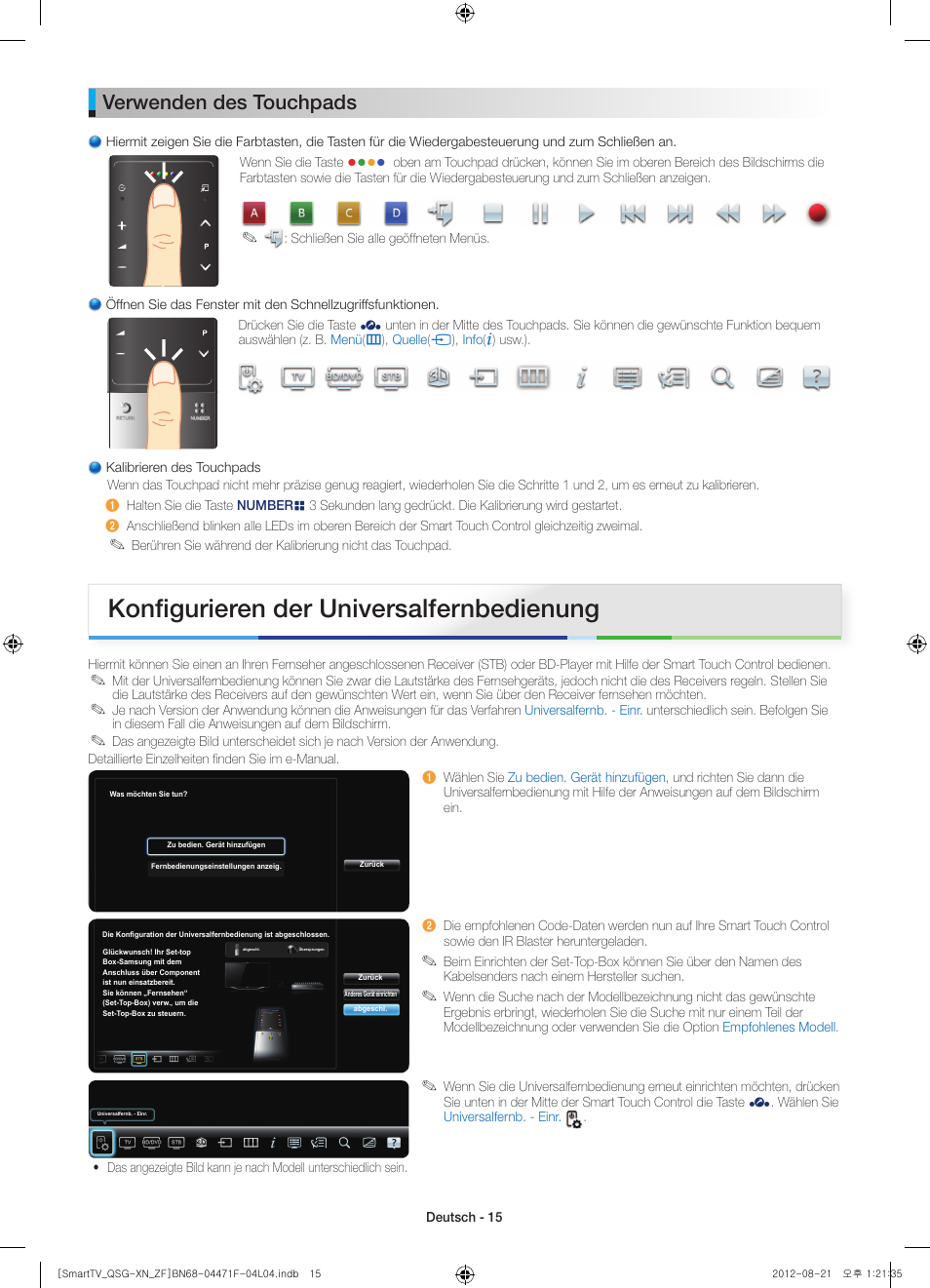 Konﬁ gurieren der universalfernbedienung, Verwenden des touchpads | Samsung UE46ES7000S User Manual | Page 15 / 24