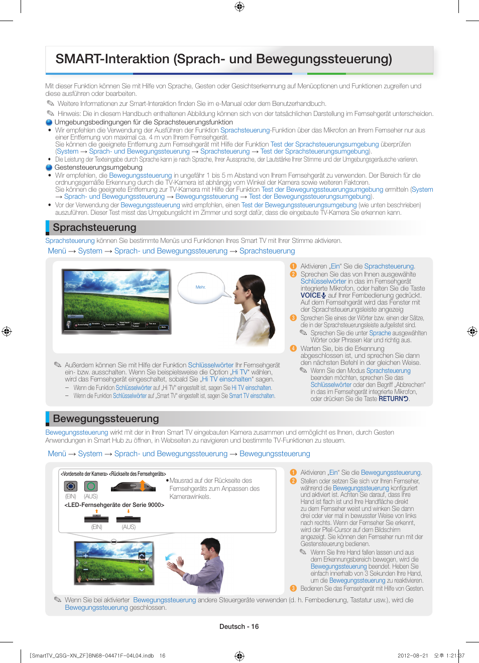 Smart-interaktion (sprach- und bewegungssteuerung), Sprachsteuerung, Bewegungssteuerung | Samsung UE46ES7000S User Manual | Page 16 / 24
