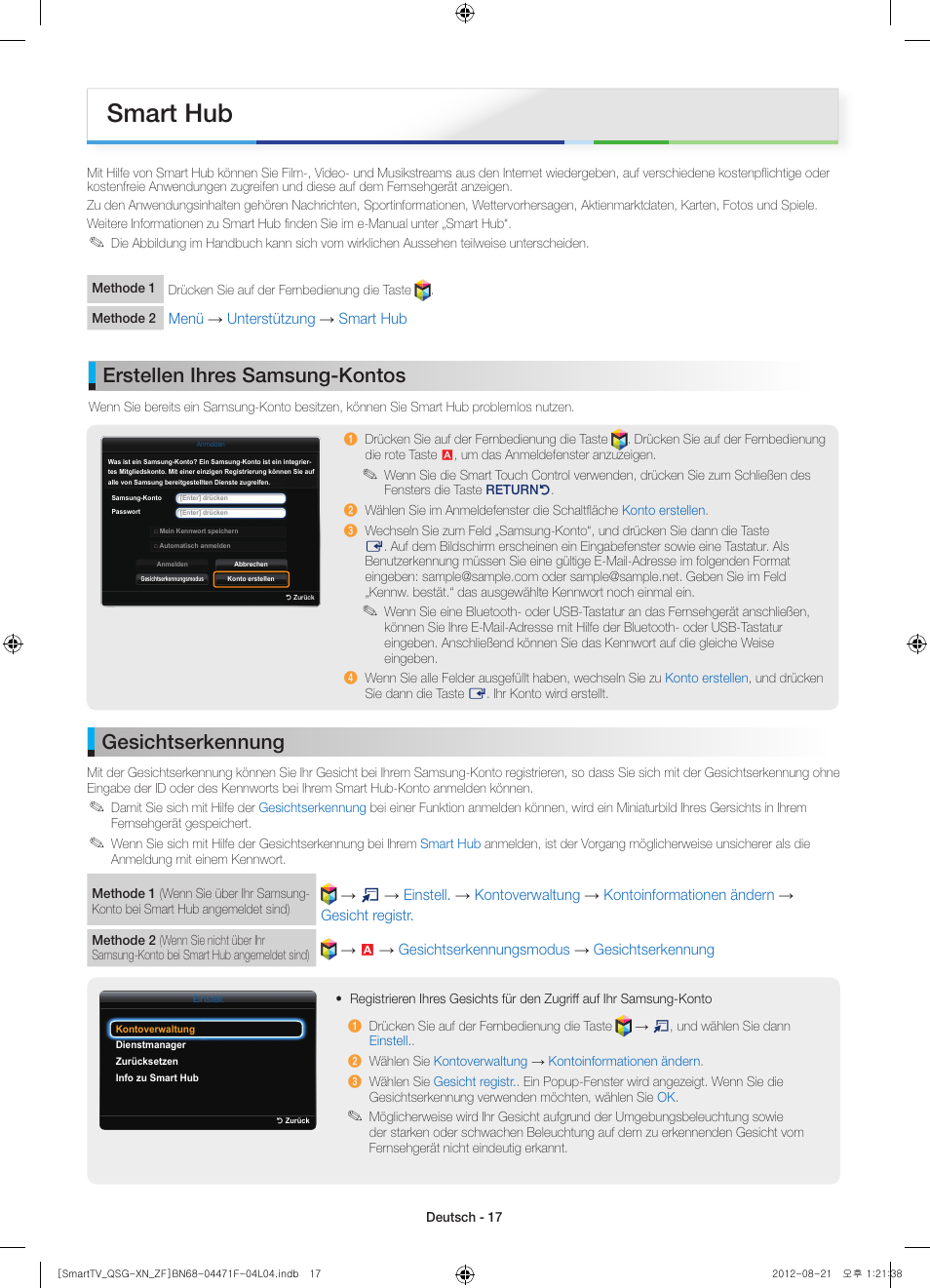 Smart hub, Gesichtserkennung, Erstellen ihres samsung-kontos | Samsung UE46ES7000S User Manual | Page 17 / 24
