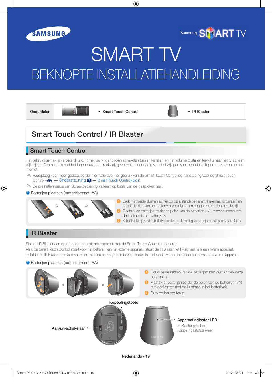 Smart tv, Beknopte installatiehandleiding, Smart touch control / ir blaster | Smart touch control, Ir blaster | Samsung UE46ES7000S User Manual | Page 19 / 24