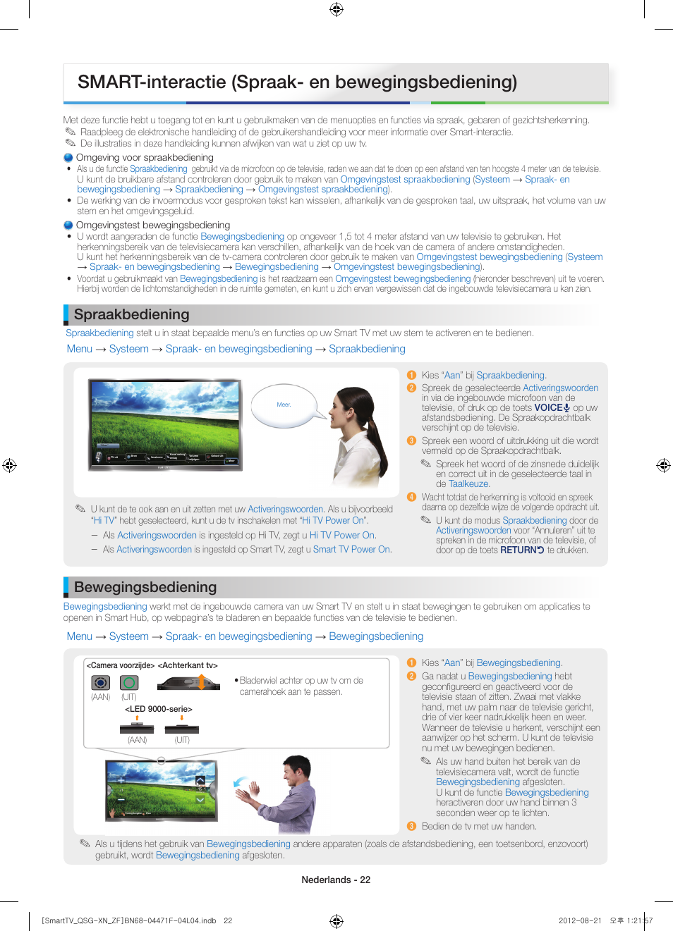 Smart-interactie (spraak- en bewegingsbediening), Spraakbediening, Bewegingsbediening | Samsung UE46ES7000S User Manual | Page 22 / 24