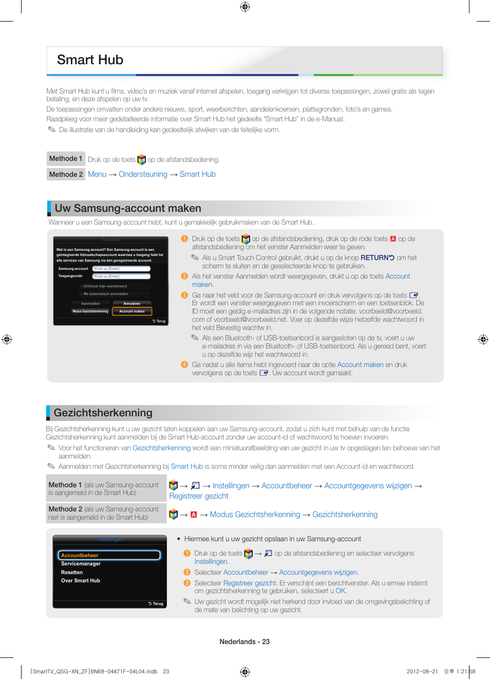 Smart hub, Gezichtsherkenning, Uw samsung-account maken | Samsung UE46ES7000S User Manual | Page 23 / 24