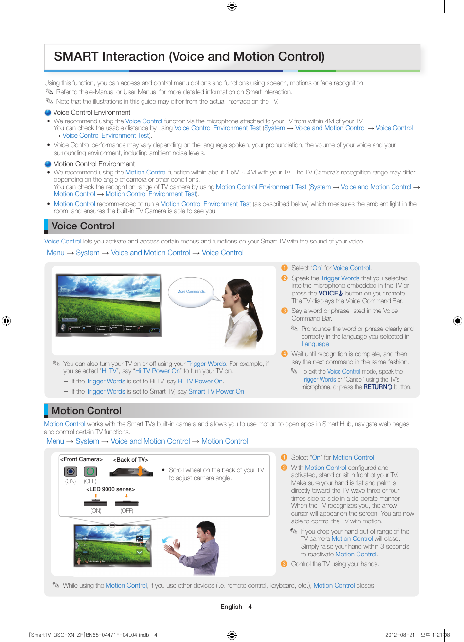 Smart interaction (voice and motion control), Voice control, Motion control | Samsung UE46ES7000S User Manual | Page 4 / 24
