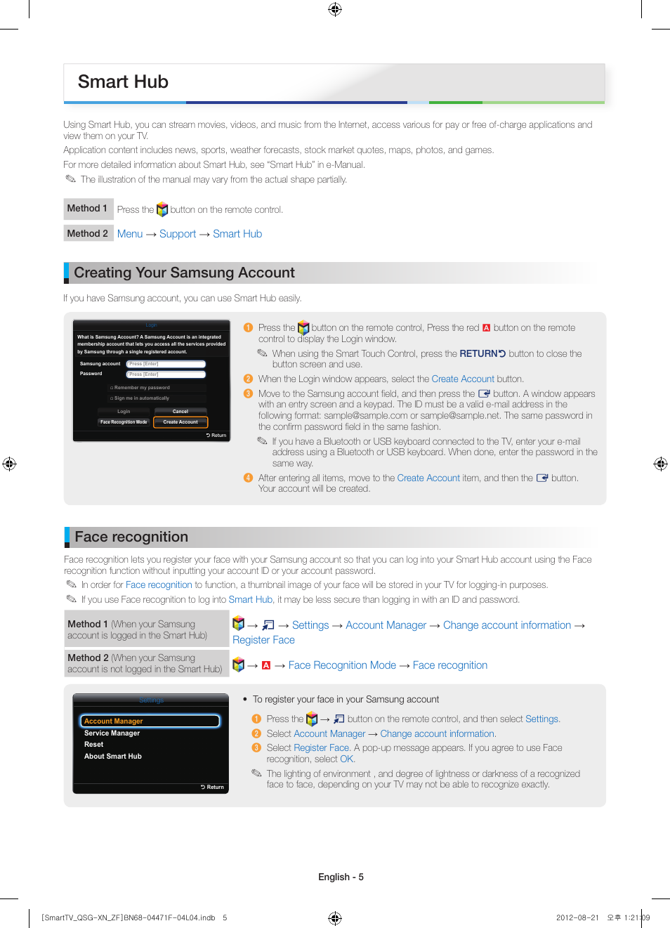 Smart hub, Creating your samsung account, Face recognition | Samsung UE46ES7000S User Manual | Page 5 / 24