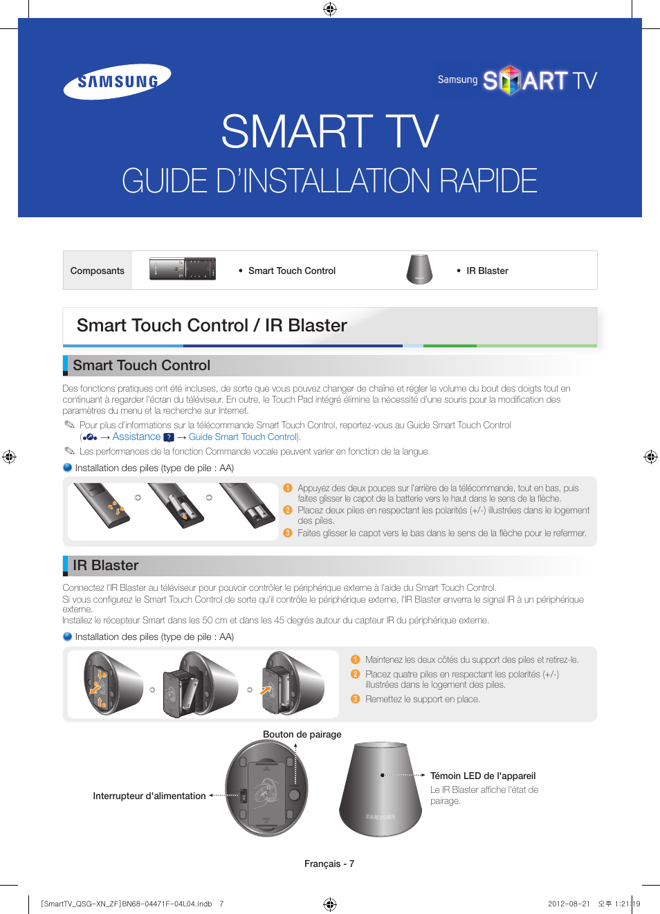 Smart tv, Guide d’installation rapide, Smart touch control / ir blaster | Smart touch control, Ir blaster | Samsung UE46ES7000S User Manual | Page 7 / 24