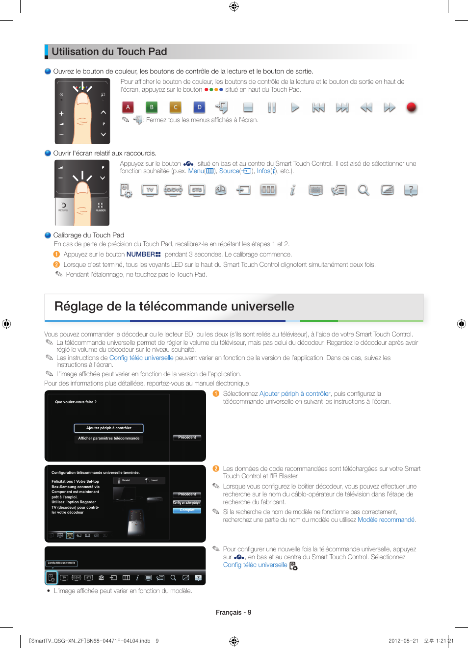 Réglage de la télécommande universelle, Utilisation du touch pad | Samsung UE46ES7000S User Manual | Page 9 / 24