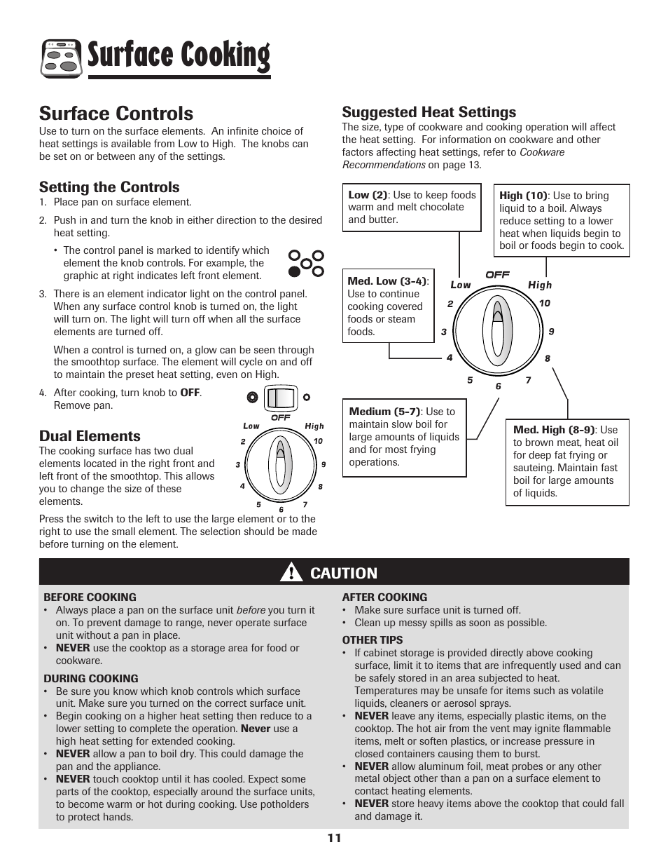 Surface cooking, Surface controls, Setting the controls | Dual elements, Caution suggested heat settings | Amana Electric Smoothtop Range User Manual | Page 12 / 72