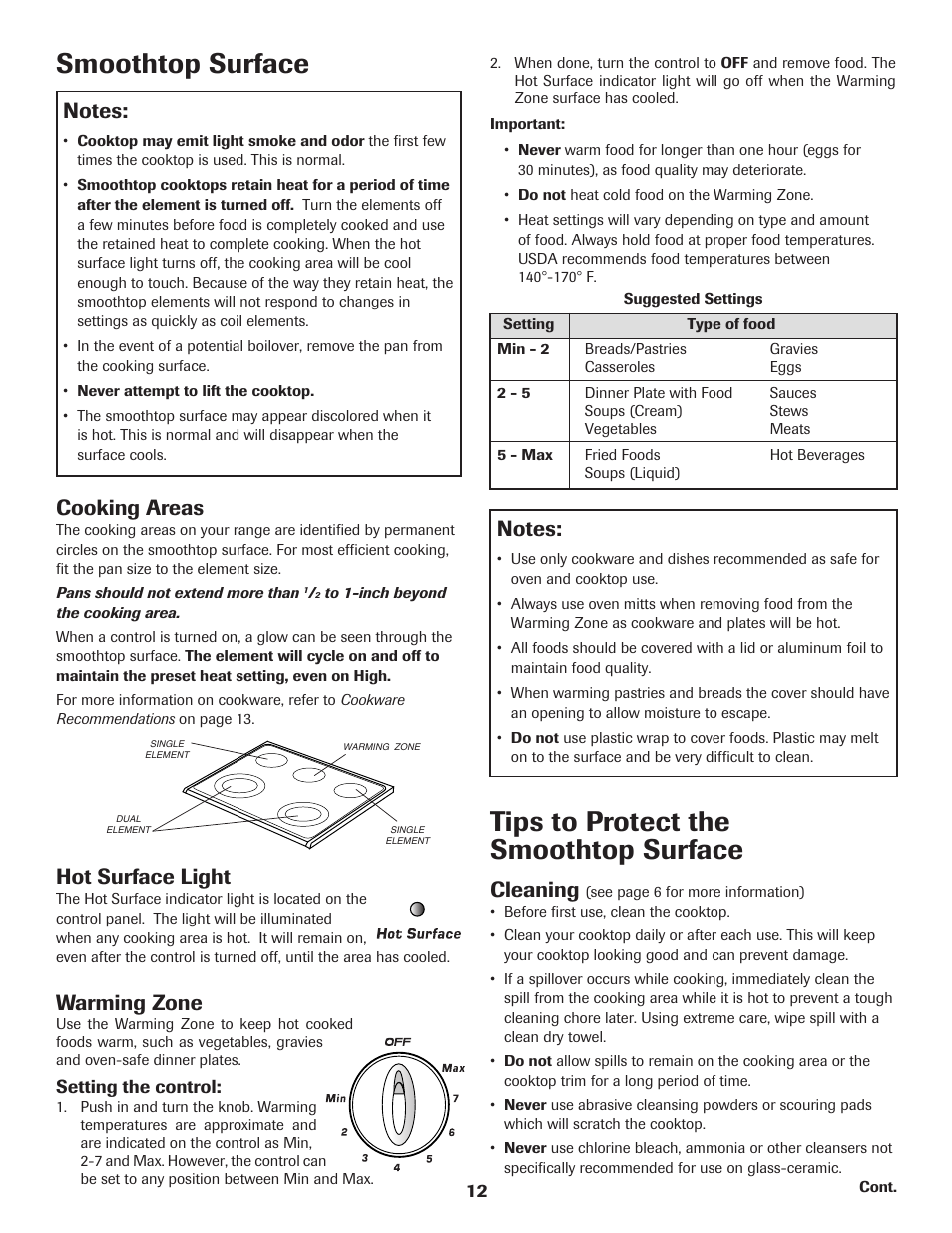 Smoothtop surface, Tips to protect the smoothtop surface, Cooking areas | Hot surface light, Warming zone, Cleaning | Amana Electric Smoothtop Range User Manual | Page 13 / 72