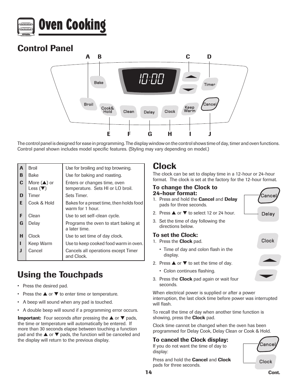Oven cooking, Control panel, Using the touchpads | Clock | Amana Electric Smoothtop Range User Manual | Page 15 / 72