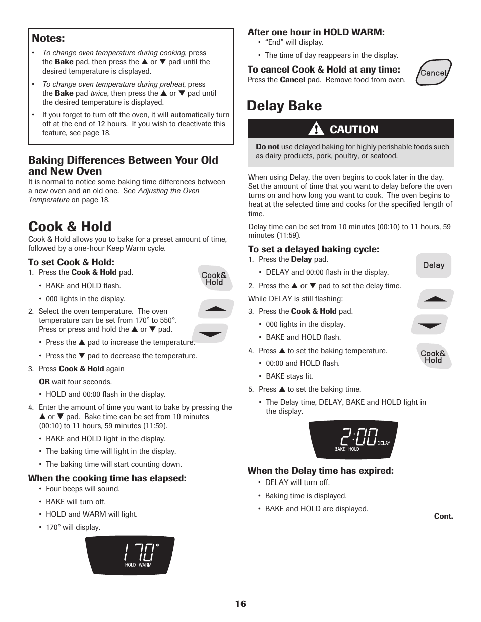 Cook & hold, Delay bake, Baking differences between your old and new oven | Caution | Amana Electric Smoothtop Range User Manual | Page 17 / 72