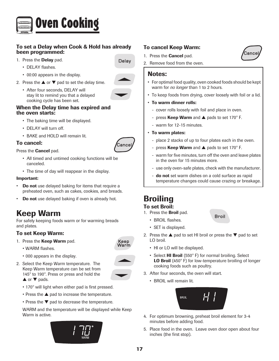 Oven cooking, Keep warm, Broiling | Amana Electric Smoothtop Range User Manual | Page 18 / 72