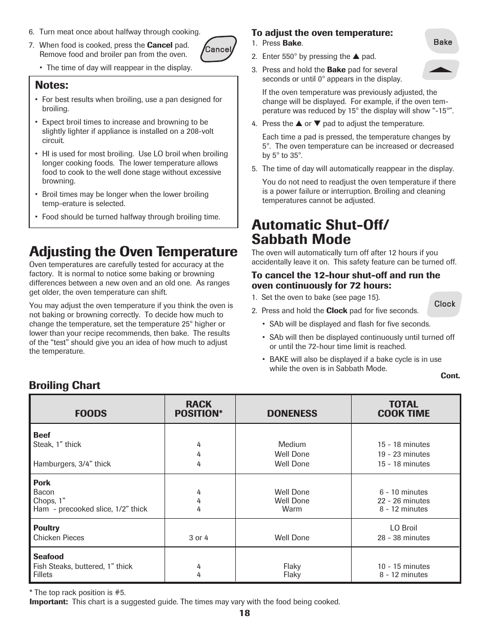 Adjusting the oven temperature, Automatic shut-off/ sabbath mode, Broiling chart | Amana Electric Smoothtop Range User Manual | Page 19 / 72