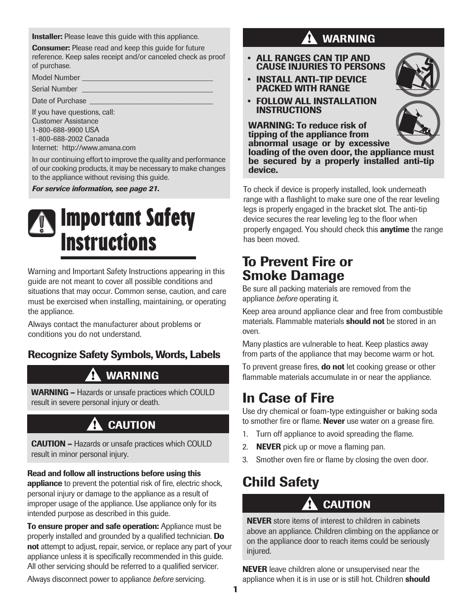 Important safety instructions, Child safety | Amana Electric Smoothtop Range User Manual | Page 2 / 72