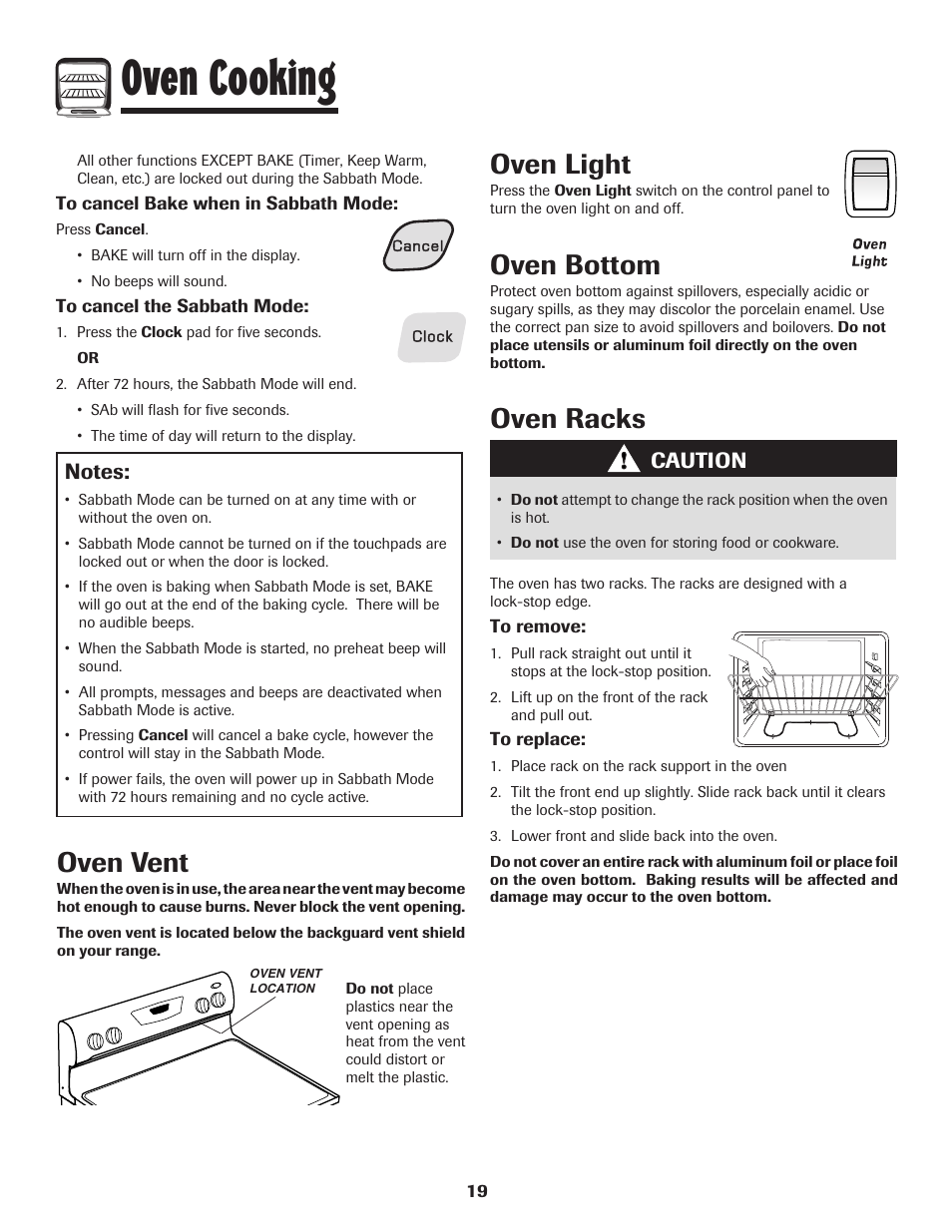 Oven cooking, Oven light, Oven bottom | Oven vent, Oven racks, Caution | Amana Electric Smoothtop Range User Manual | Page 20 / 72