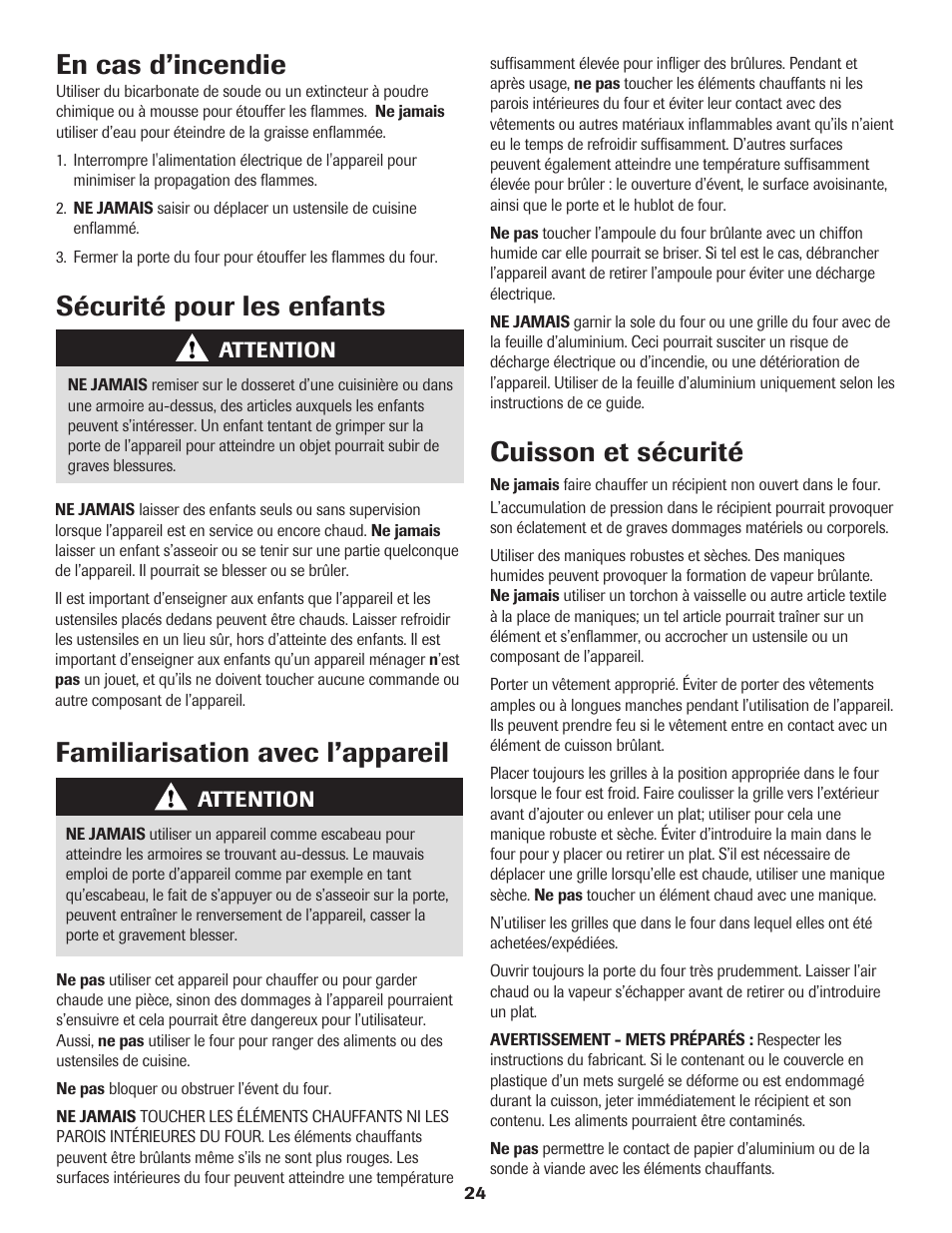 En cas d’incendie, Sécurité pour les enfants, Cuisson et sécurité | Familiarisation avec l’appareil | Amana Electric Smoothtop Range User Manual | Page 25 / 72
