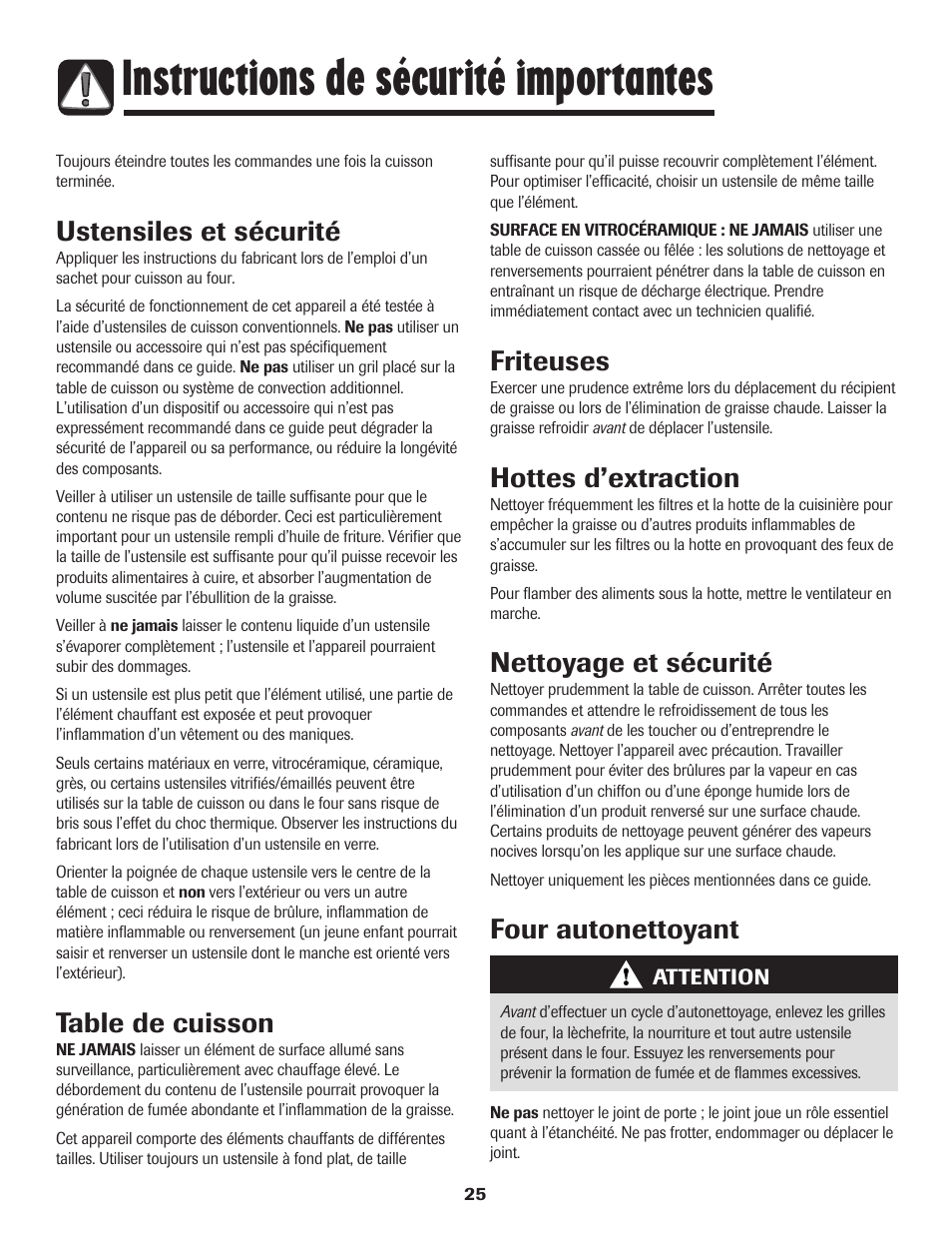 Instructions de sécurité importantes, Ustensiles et sécurité, Table de cuisson | Friteuses, Hottes d’extraction, Nettoyage et sécurité, Four autonettoyant | Amana Electric Smoothtop Range User Manual | Page 26 / 72