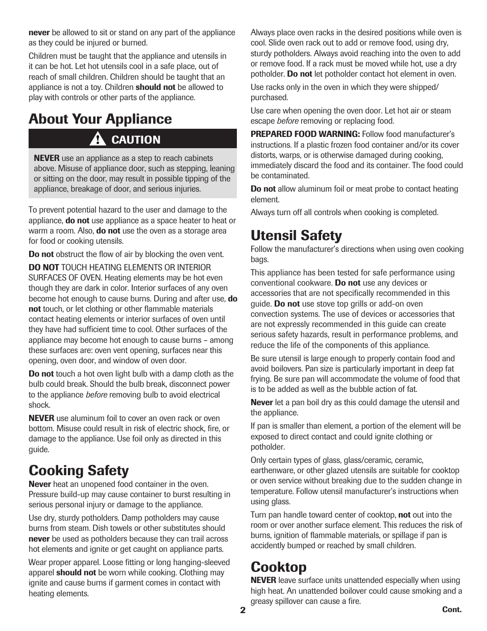 Cooking safety, Utensil safety, Cooktop | About your appliance | Amana Electric Smoothtop Range User Manual | Page 3 / 72