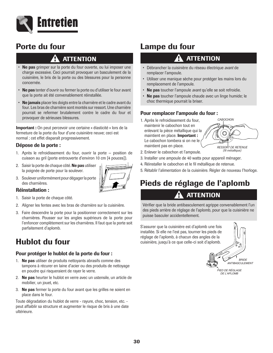 Entretien, Hublot du four, Lampe du four pieds de réglage de l’aplomb | Porte du four, Attention | Amana Electric Smoothtop Range User Manual | Page 31 / 72