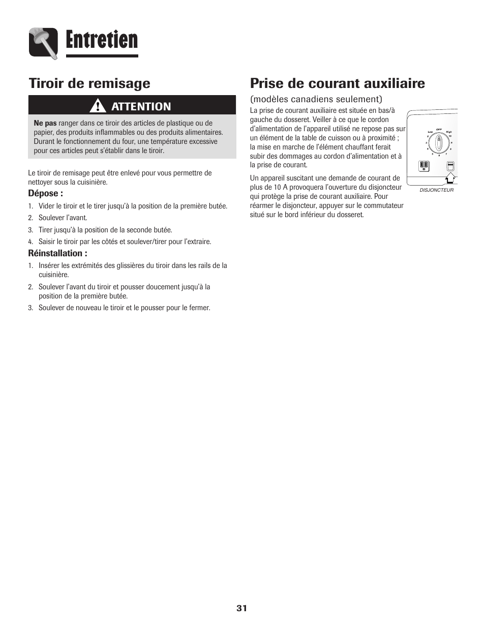 Entretien, Prise de courant auxiliaire, Tiroir de remisage | Amana Electric Smoothtop Range User Manual | Page 32 / 72