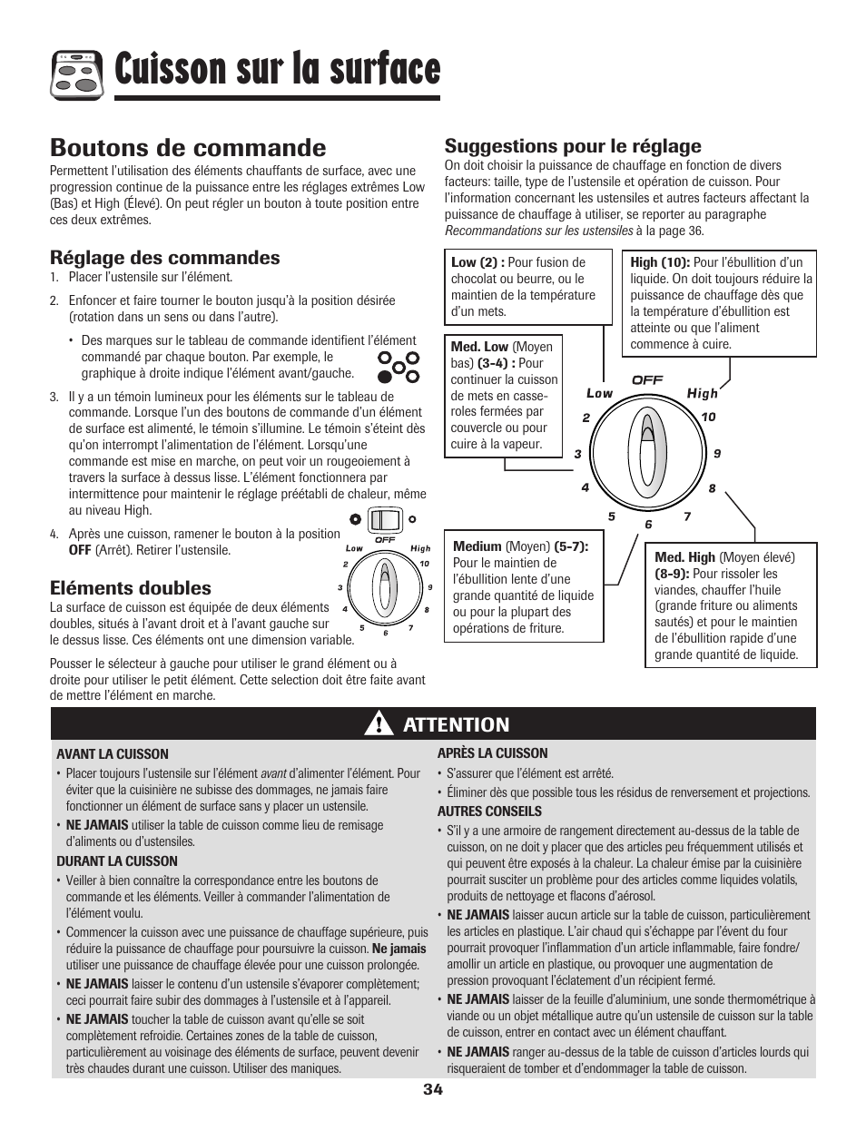 Cuisson sur la surface, Boutons de commande, Réglage des commandes | Eléments doubles, Attention suggestions pour le réglage | Amana Electric Smoothtop Range User Manual | Page 35 / 72