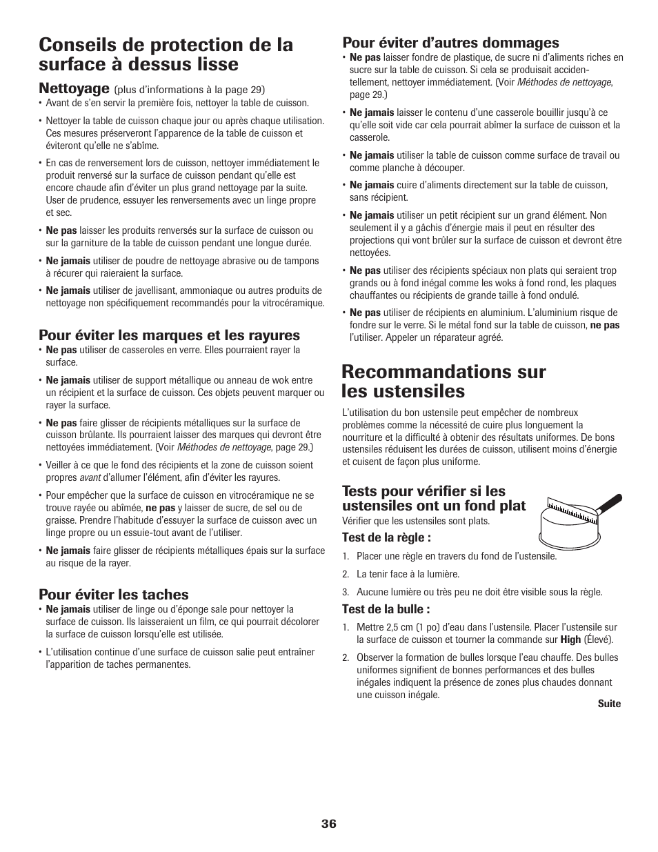 Recommandations sur les ustensiles, Pour éviter d’autres dommages, Nettoyage | Pour éviter les marques et les rayures, Pour éviter les taches | Amana Electric Smoothtop Range User Manual | Page 37 / 72