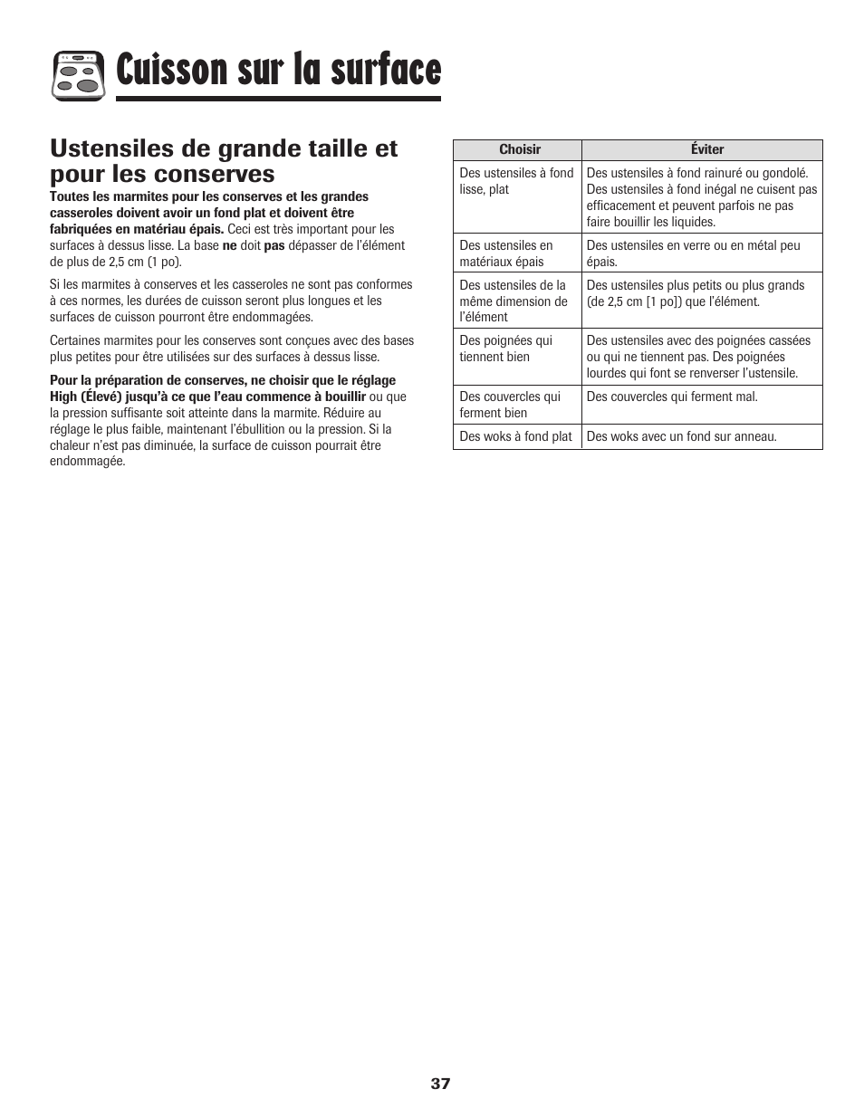 Cuisson sur la surface, Ustensiles de grande taille et pour les conserves | Amana Electric Smoothtop Range User Manual | Page 38 / 72