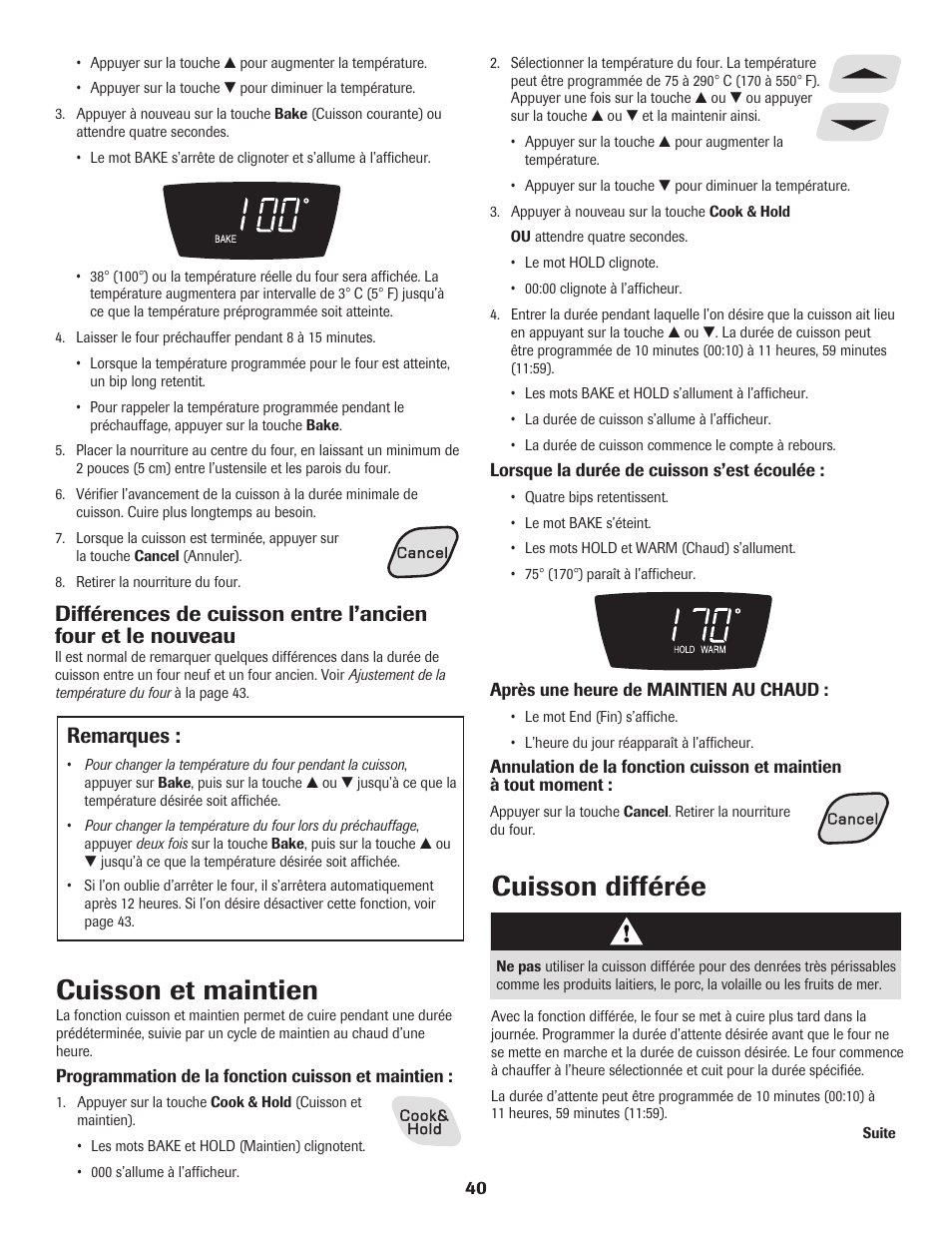 Cuisson et maintien, Cuisson différée, Remarques | Amana Electric Smoothtop Range User Manual | Page 41 / 72