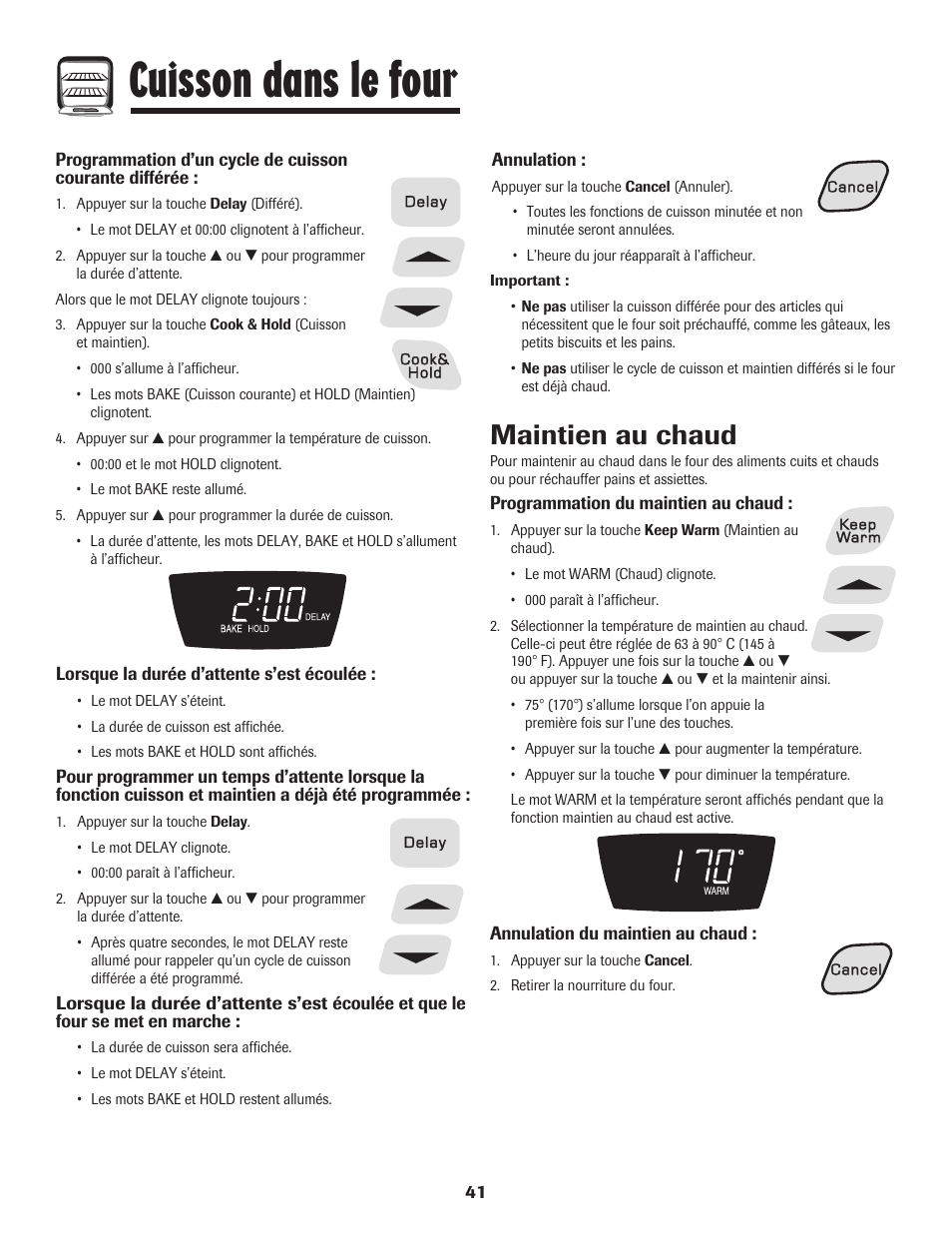 Cuisson dans le four, Maintien au chaud | Amana Electric Smoothtop Range User Manual | Page 42 / 72