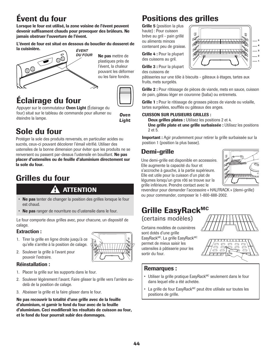 Grilles du four, Positions des grilles, Grille easyrack | Sole du four, Éclairage du four, Évent du four, Attention, Demi-grille, Certains modèles), Remarques | Amana Electric Smoothtop Range User Manual | Page 45 / 72