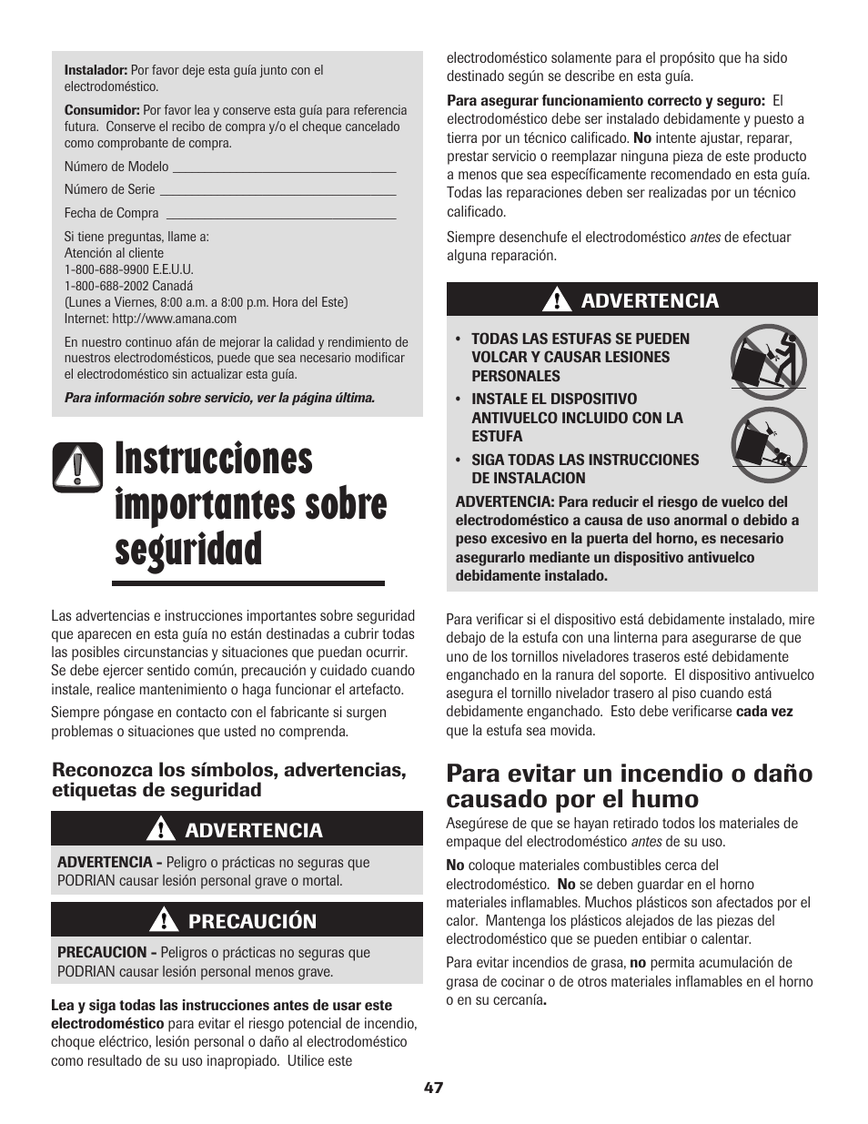 Instrucciones importantes sobre seguridad, Para evitar un incendio o daño causado por el humo | Amana Electric Smoothtop Range User Manual | Page 48 / 72