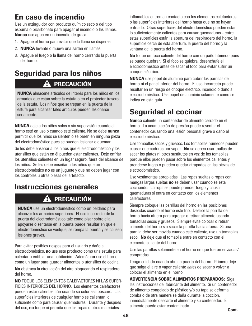 En caso de incendio, Seguridad para los niños, Instrucciones generales | Seguridad al cocinar | Amana Electric Smoothtop Range User Manual | Page 49 / 72