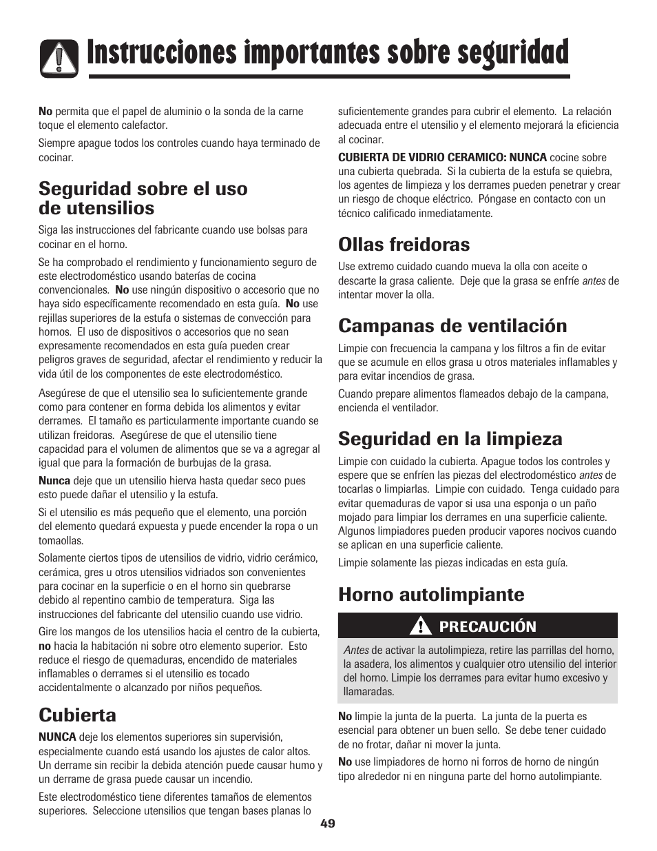 Instrucciones importantes sobre seguridad, Seguridad sobre el uso de utensilios, Cubierta | Ollas freidoras, Campanas de ventilación, Seguridad en la limpieza, Horno autolimpiante | Amana Electric Smoothtop Range User Manual | Page 50 / 72