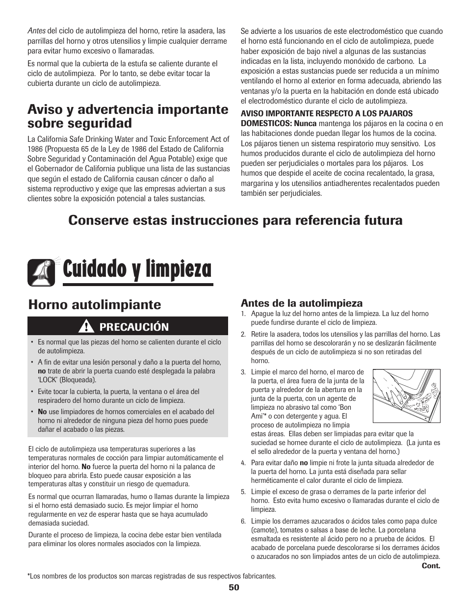 Cuidado y limpieza, Aviso y advertencia importante sobre seguridad, Horno autolimpiante | Amana Electric Smoothtop Range User Manual | Page 51 / 72