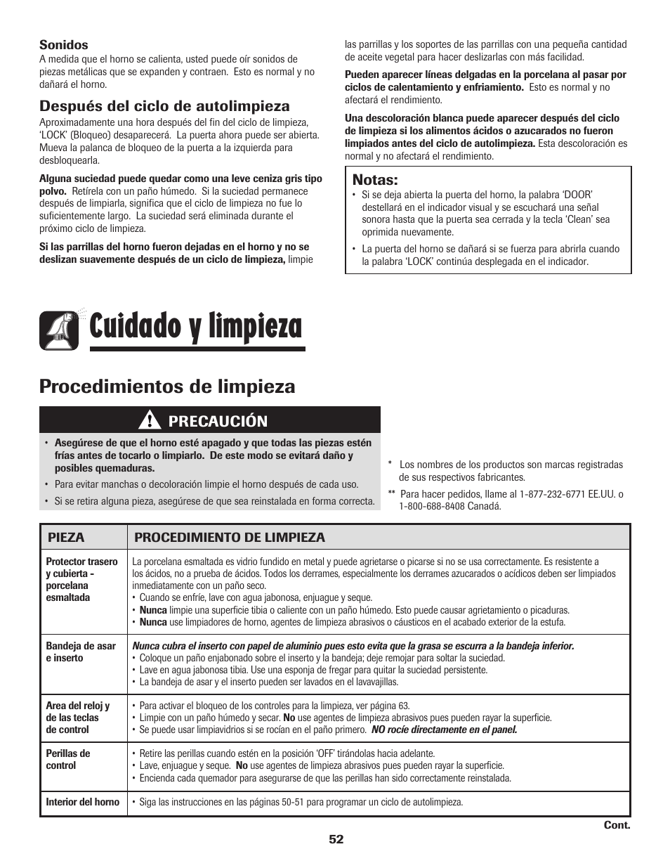 Cuidado y limpieza, Procedimientos de limpieza, Notas | Después del ciclo de autolimpieza, Precaución | Amana Electric Smoothtop Range User Manual | Page 53 / 72