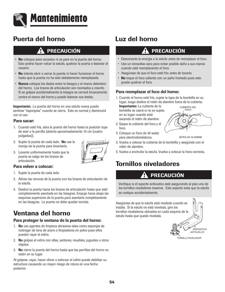 Mantenimiento, Luz del horno tornillos niveladores, Puerta del horno | Ventana del horno, Precaución | Amana Electric Smoothtop Range User Manual | Page 55 / 72