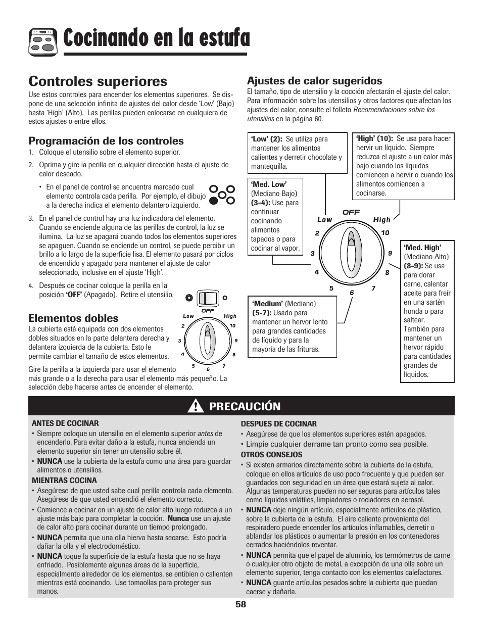Cocinando en la estufa, Controles superiores, Programación de los controles | Elementos dobles, Ajustes de calor sugeridos, Precaución | Amana Electric Smoothtop Range User Manual | Page 59 / 72