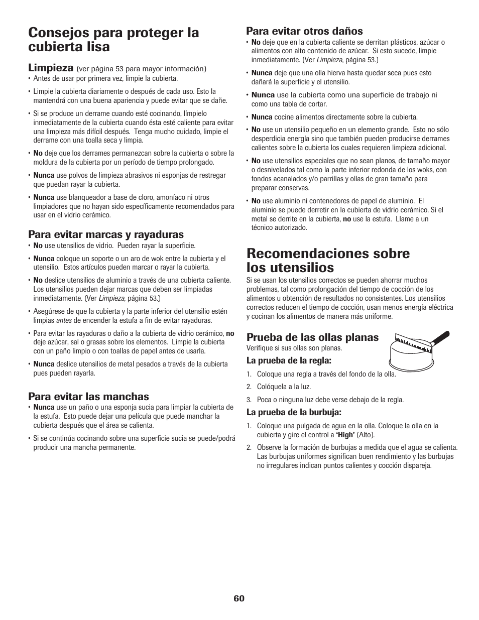Recomendaciones sobre los utensilios, Consejos para proteger la cubierta lisa, Para evitar otros daños | Prueba de las ollas planas, Limpieza, Para evitar marcas y rayaduras, Para evitar las manchas | Amana Electric Smoothtop Range User Manual | Page 61 / 72