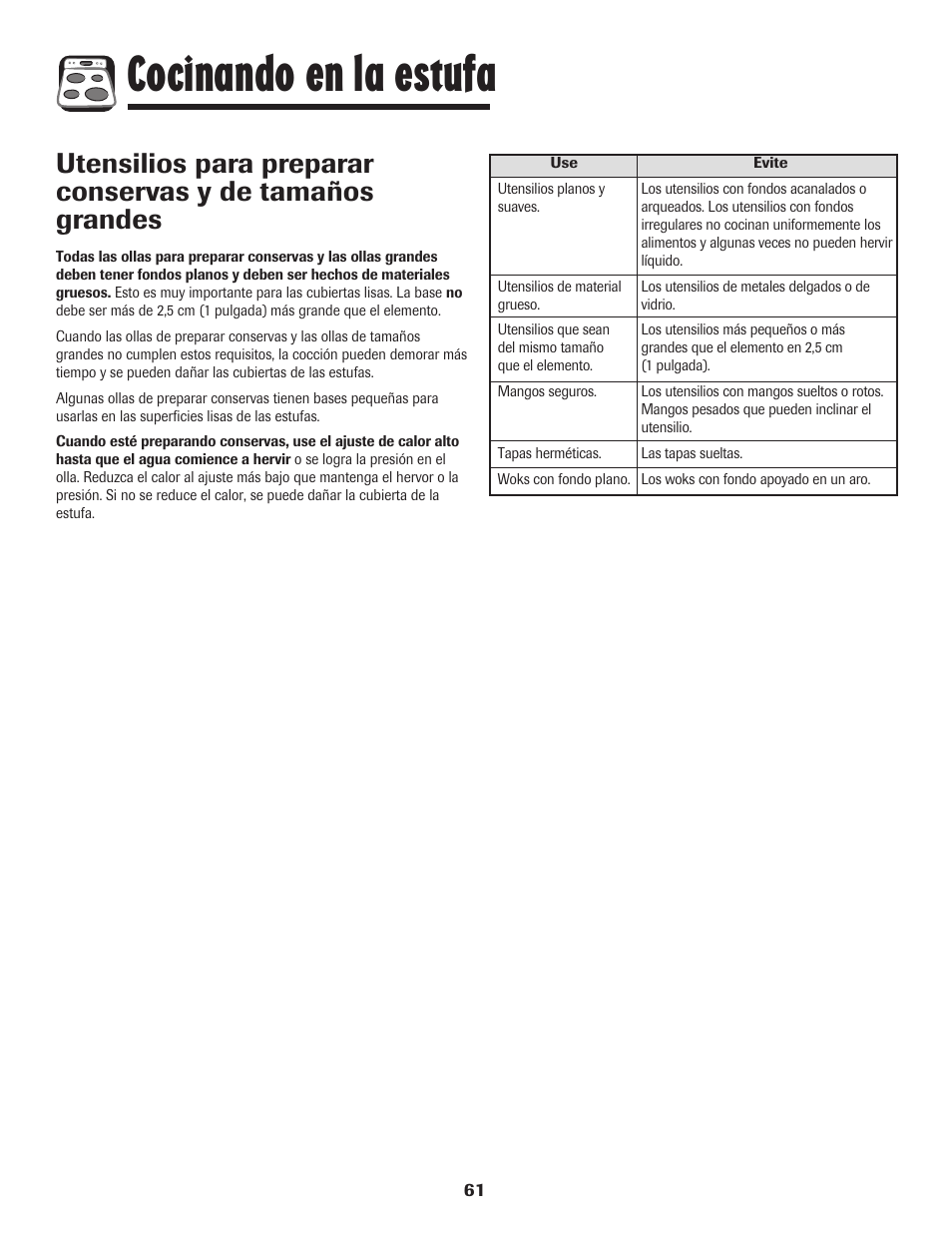 Cocinando en la estufa | Amana Electric Smoothtop Range User Manual | Page 62 / 72